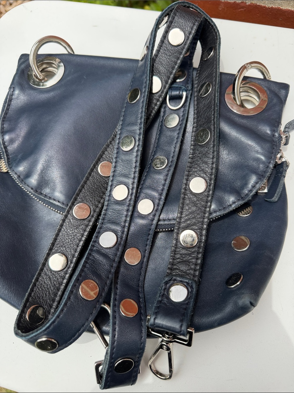 Hammitt Navy or Black reversible Leather Shoulder Bag with Silver Grommets - Picture 4 of 6
